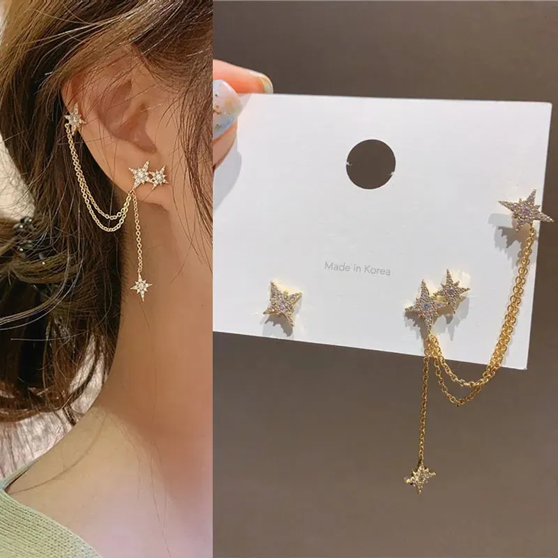 Octagonal Star Clip Earrings Snowflake Bones Bijoux For Women Jewelry Ear Cuff Tassel Cool Chain Crystal Earrings Gift Girls