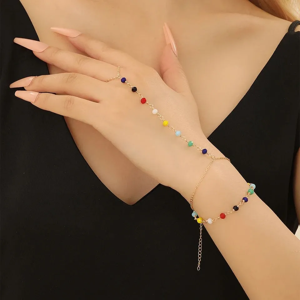 Colorful Beads Finger Ring Bracelet Women Girls Connected alayer Charm Bracelets